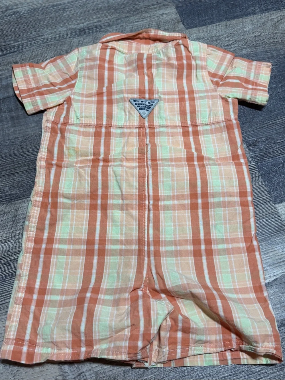 Columbia PFG Toddler Boys Plaid Fishing Romper 18-24M Peach Short Sleeve EUC